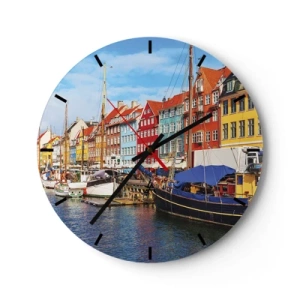 Wall clock - Clock on glass - Colorful houses and boats in the harbor on a sunny day - 30x30cm - Joyful Coast - Modern wall decoration for the living room, kitchen, and bedroom ARTTOR