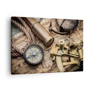 Canvas picture - A compass, sextant, and telescope against the background of an old map and nautical rope. - 70x50cm - Show the Way - Modern wall decoration for the living room and bedroom ARTTOR