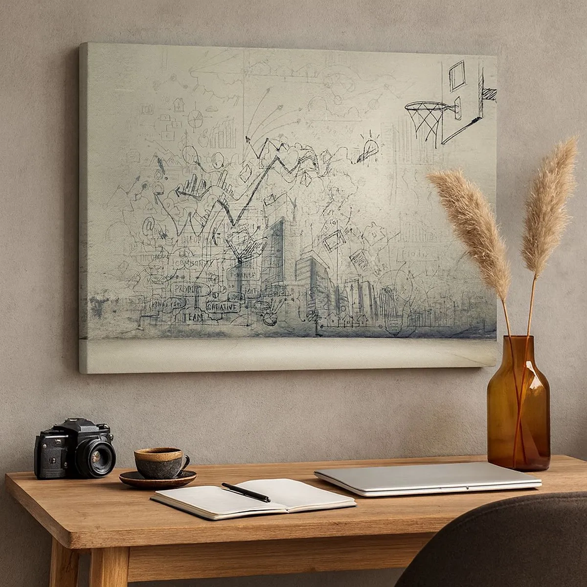 Canvas picture - Drawings and diagrams against the background of a raw wall - 70x50cm - My Wonderful City Life - Modern wall decoration for the living room and bedroom ARTTOR