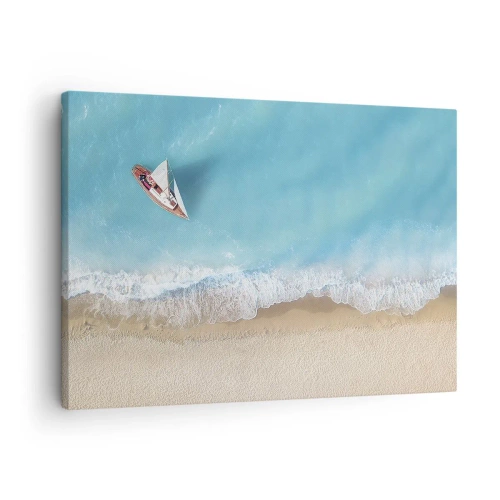 Canvas picture - bird's eye view of a boat on the beach - 70x50cm - On the Border of Blue and Gold - Modern wall decoration for the living room and bedroom ARTTOR