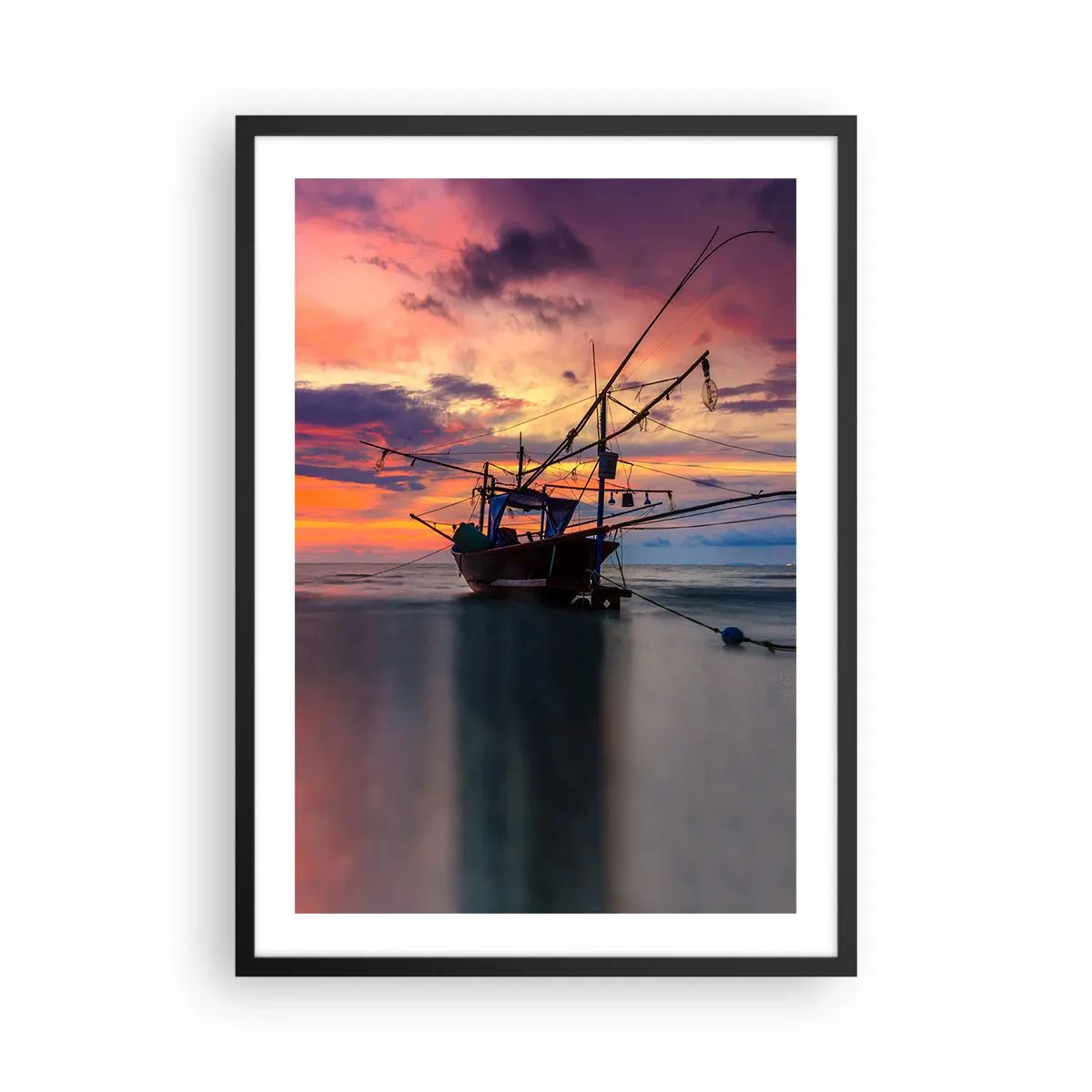 Poster in black frame - Fishing vessel against the backdrop of the setting sun on the beach - 50x70cm - Exotic Evening - Modern wall decoration for the living room and bedroom ARTTOR