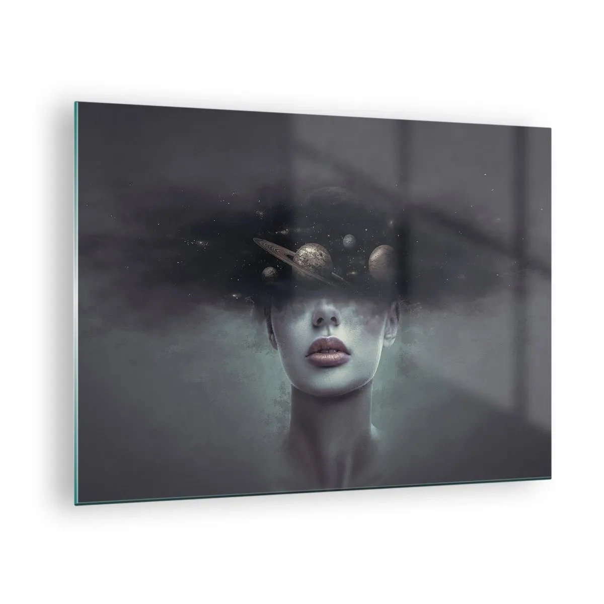 Glass picture - A woman with planets for a head in a surreal composition - 70x50cm - And Planets are Revolving… - Modern wall decoration for the living room and bedroom ARTTOR