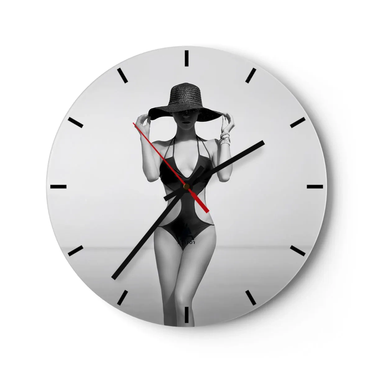 Wall clock - Clock on glass - A woman in a black swimsuit and hat against the sea - 30x30cm - My Name Is: Elegance - Modern wall decoration for the living room, kitchen, and bedroom ARTTOR