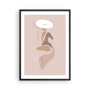 Poster in black frame - A minimalist image of a woman in a hat on a beige background. - 50x70cm - Being a Lady - Modern wall decoration for the living room and bedroom ARTTOR