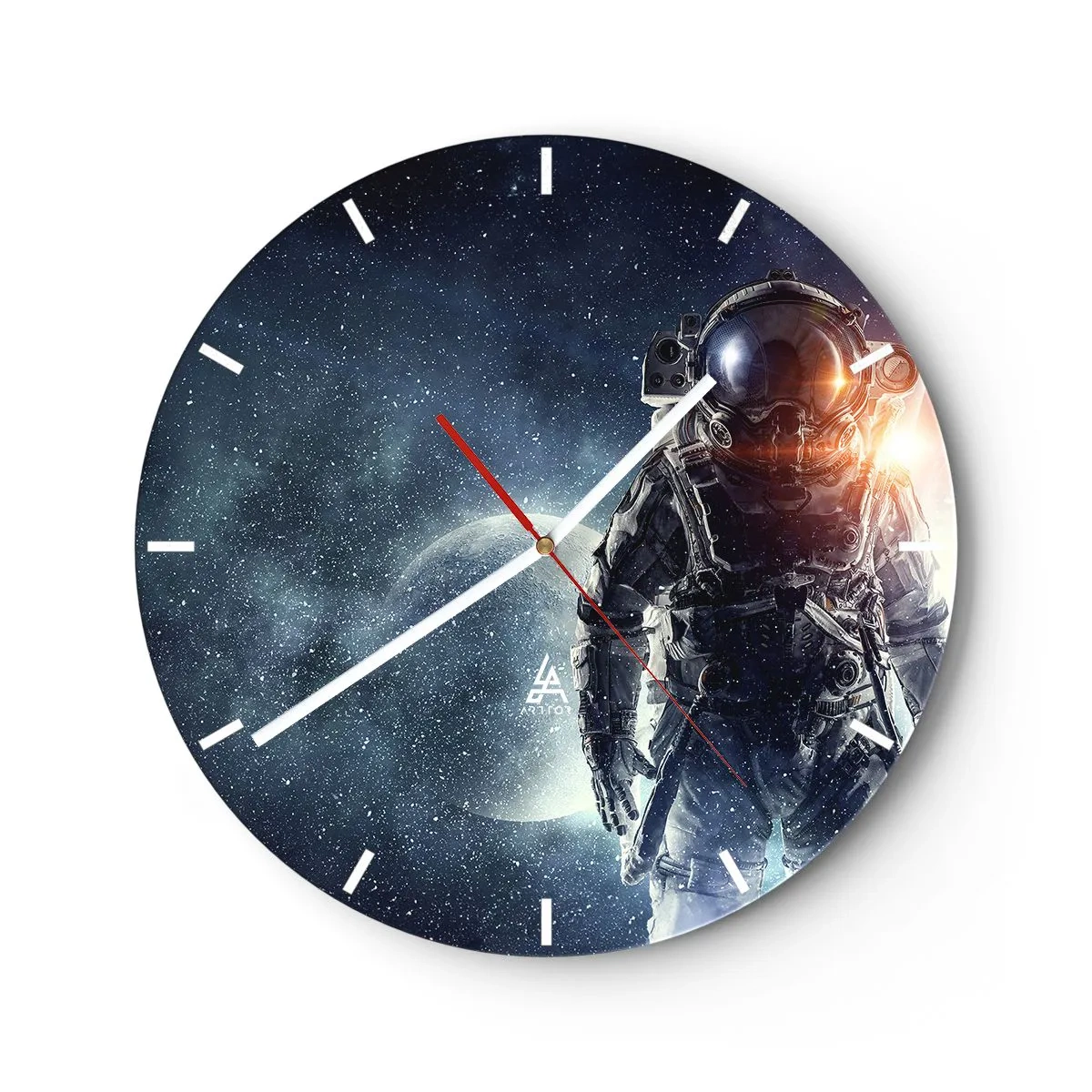 Wall clock - Clock on glass - Astronaut in space with a planet and stars in the background - 30x30cm - Space Adventure - Modern wall decoration for the living room, kitchen, and bedroom ARTTOR