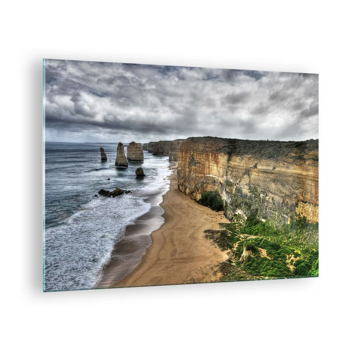 Glass picture - Cliffs overlooking the ocean and beach under a cloudy sky - 70x50cm - Raw Beauty - Modern wall decoration for the living room and bedroom ARTTOR