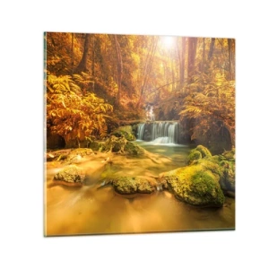Glass picture - Forest Cascade in Gold - 30x30 cm
