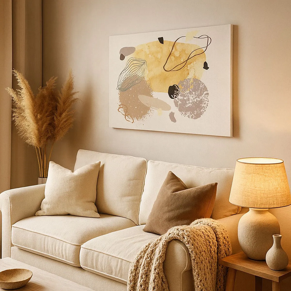 Canvas picture - A composition of abstract shapes in beige and yellow. - 70x50cm - Applied Splashing - Modern wall decoration for the living room and bedroom ARTTOR