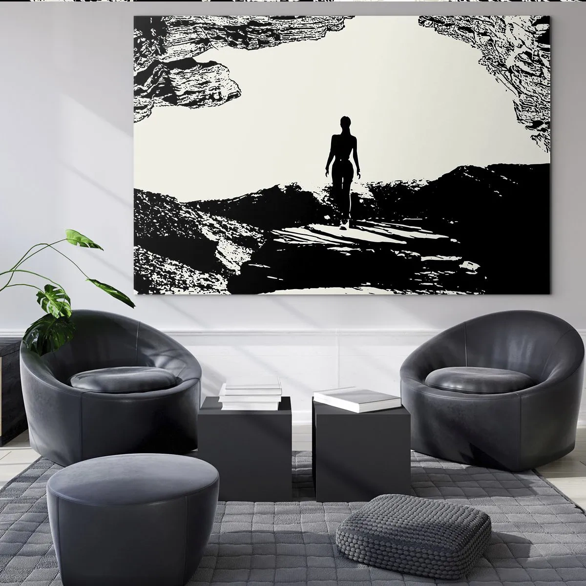Glass picture - Silhouette of a woman emerging from a cave in black and white graphics - 70x50cm - New Look - Modern wall decoration for the living room and bedroom ARTTOR