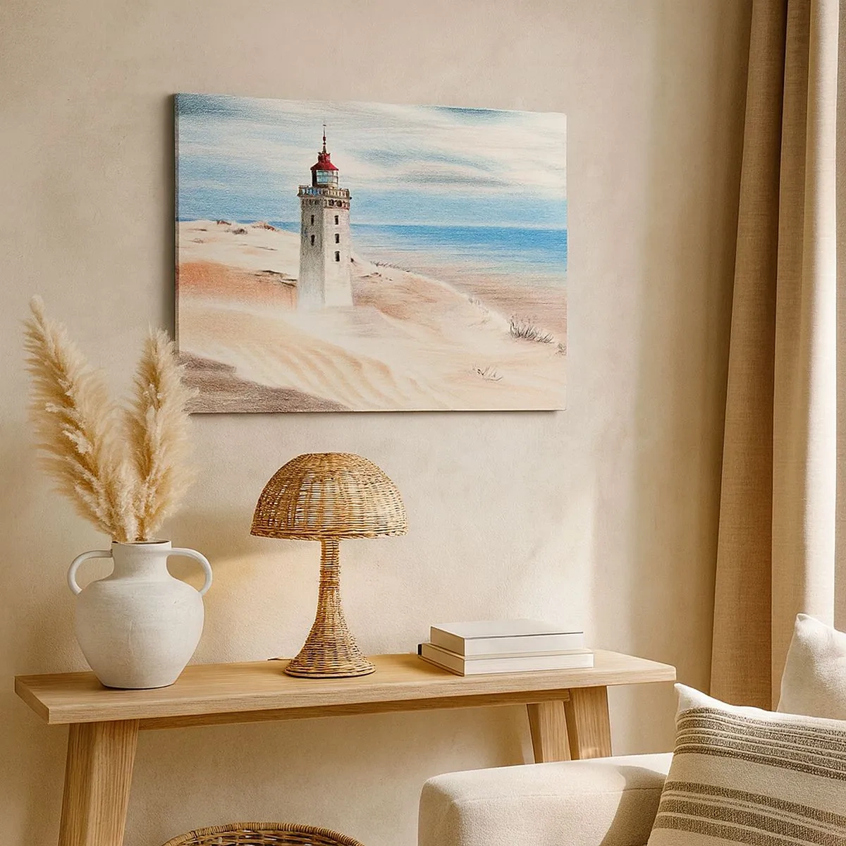 Canvas picture - A lighthouse surrounded by sand dunes and a blue sky - 70x50cm - Always Staring at the Sea - Modern wall decoration for the living room and bedroom ARTTOR