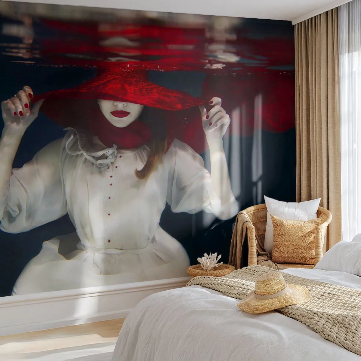 Photo Wallpaper Standard Eco - A woman in a red hat underwater in a mysterious setting. - 100x70cm - Mysterious Woman - Modern wall decoration for the living room and bedroom ARTTOR