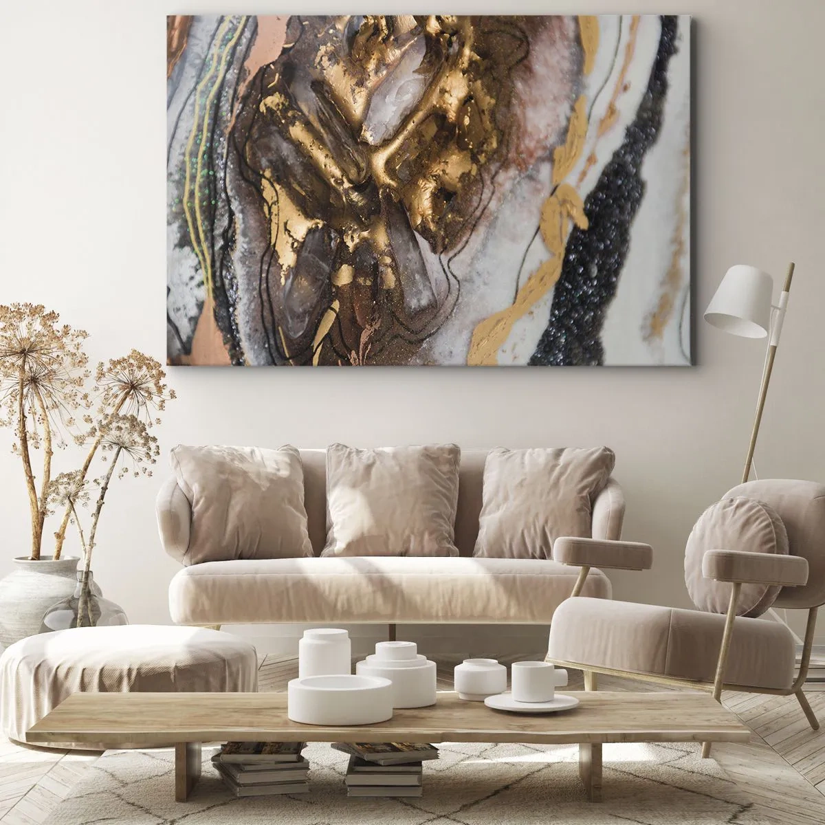 Canvas picture - Abstract composition with elements of gold and crystals - 70x50cm - Element of the Earth - Modern wall decoration for the living room and bedroom ARTTOR