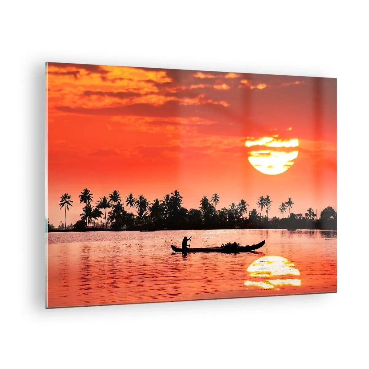 Glass picture - Sunset over the river with palm trees and a boat - 70x50cm - Peace of the Tropics at Sunset - Modern wall decoration for the living room and bedroom ARTTOR