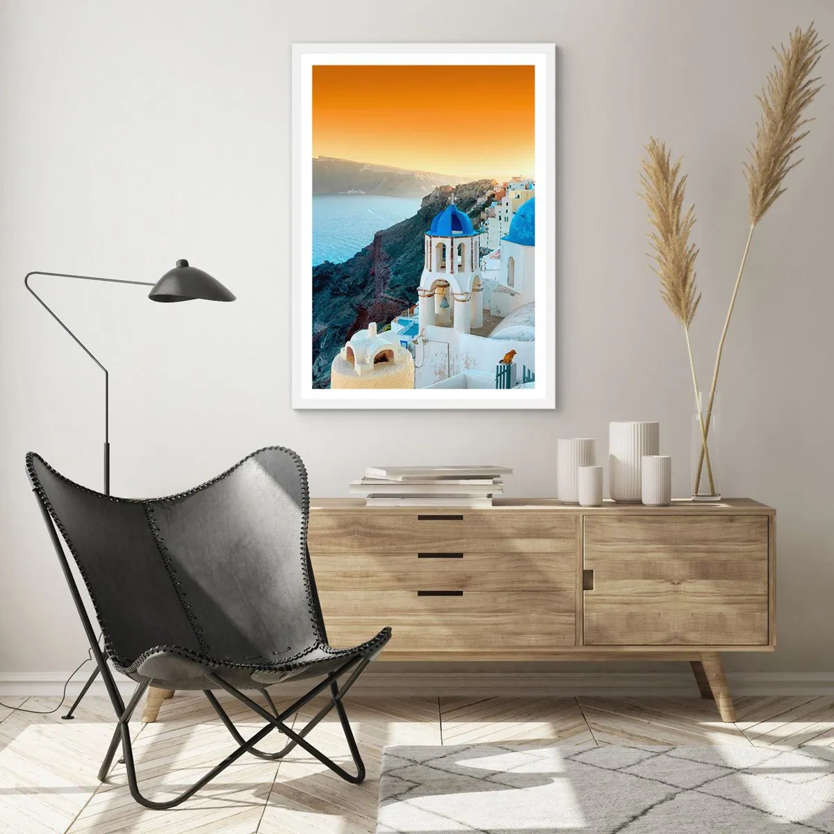 Poster in white frmae - Santorini - Snuggling up to the Rocks - 70x100 cm