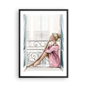 Poster in black frame - A woman in a pink bathrobe sitting on a balcony - 50x70cm - Morning in Paris - Modern wall decoration for the living room and bedroom ARTTOR