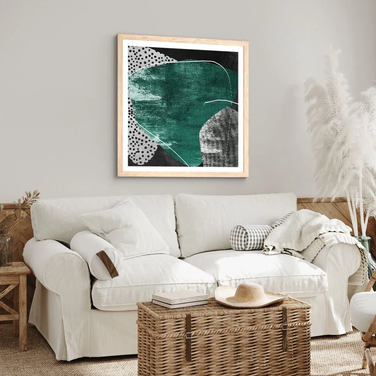 Poster in light oak frame - Colourful Abstract with a Golden Petal - 60x60 cm