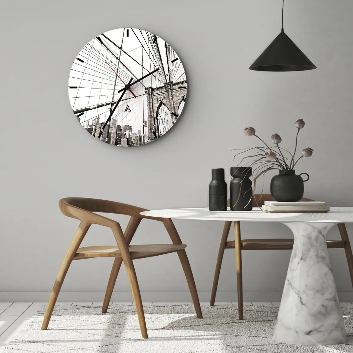 Wall clock - Clock on glass - A shot of a rope bridge with the city skyline in the background in shades of gray. - 30x30cm - New York Cathedral - Modern wall decoration for the living room, kitchen, and bedroom ARTTOR