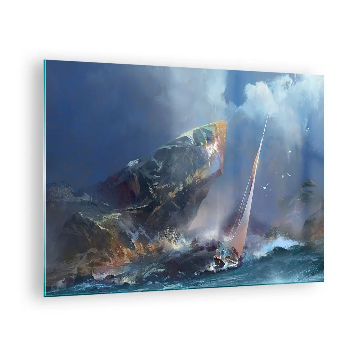 Glass picture - A sailboat in a storm off a rocky coast - 70x50cm - Who Has the Courage, Wins - Modern wall decoration for the living room and bedroom ARTTOR