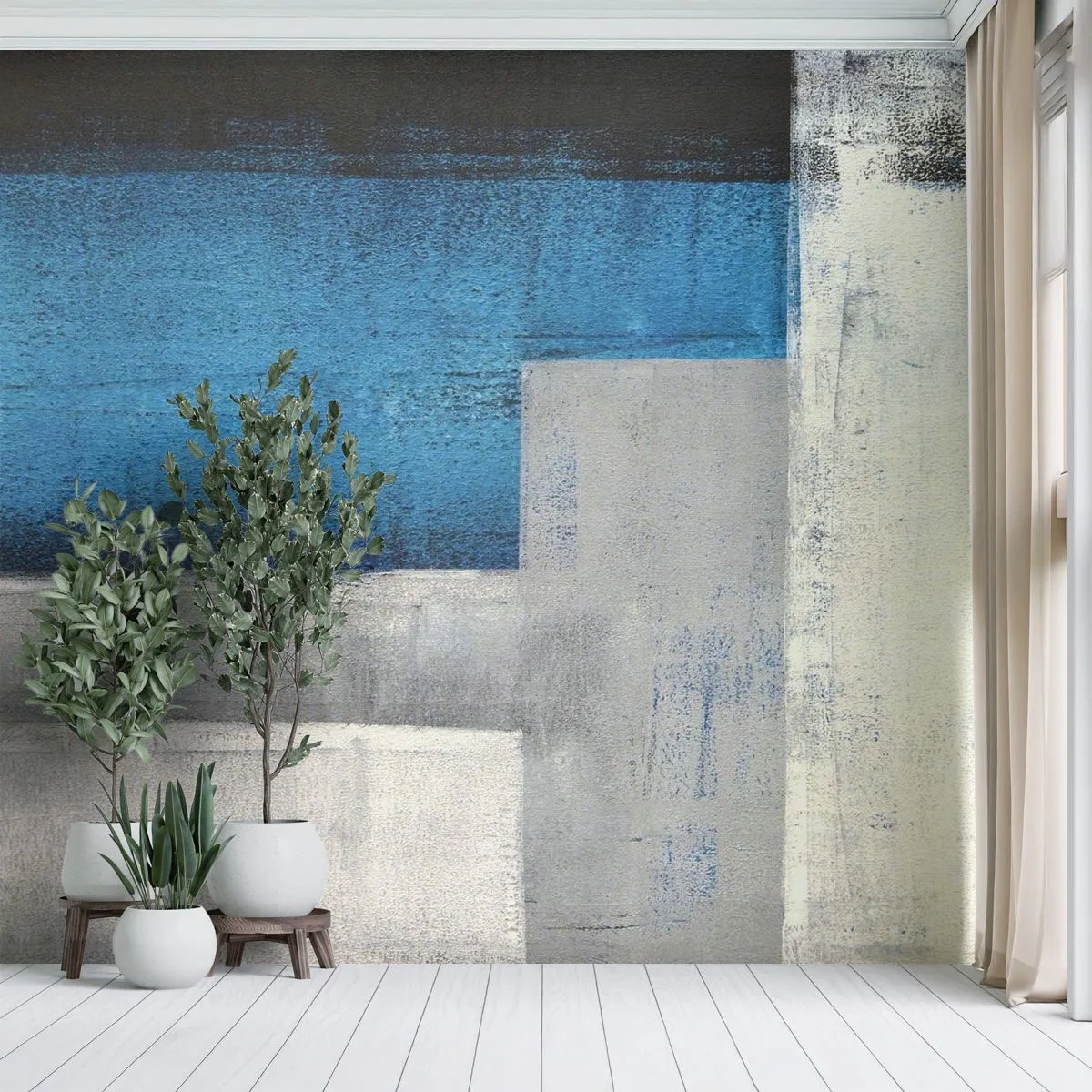 Self-Adhesive Photo Wallpaper Deluxe Sticker - Poetic Composition of Blue and Grey - Abstraction, Piece, Painting - 200x140 cm