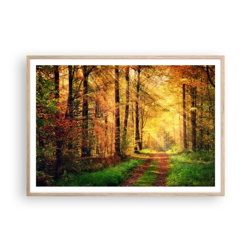 Poster in light oak frame - Forest Golden silence - 100x70 cm