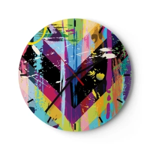 Wall clock - Clock on glass - Clock face with a geometric heart motif in a multi-colored style - 30x30cm - From Top to Bottom - Modern wall decoration for the living room, kitchen, and bedroom ARTTOR