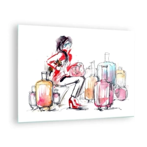 Glass picture - A woman in a red coat surrounded by suitcases in a sketchy style. - 70x50cm - Let's Sit down before Travel - Modern wall decoration for the living room and bedroom ARTTOR