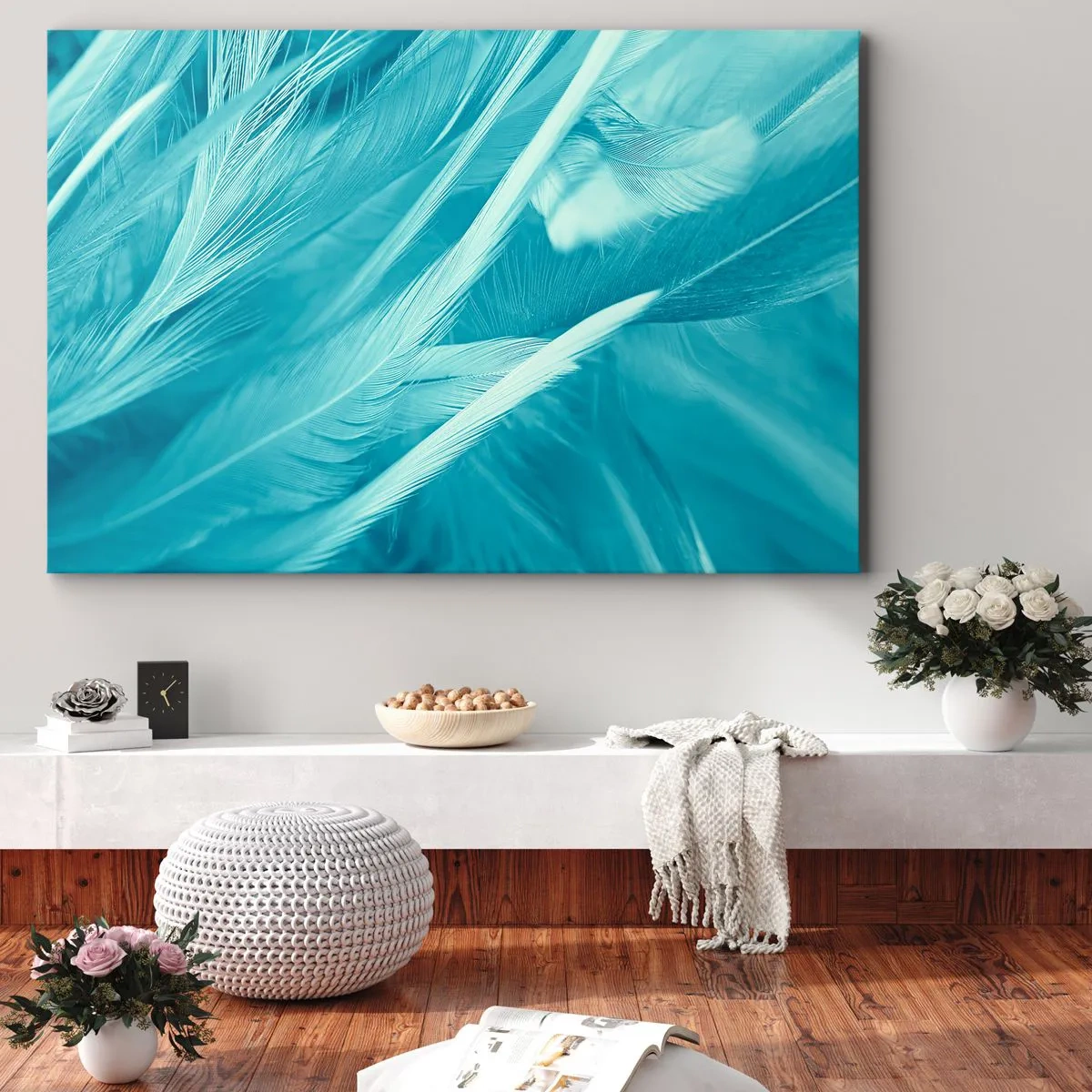 Canvas picture - Delicate turquoise feathers close-up - 70x50cm - Drowning in Feathers - Modern wall decoration for the living room and bedroom ARTTOR