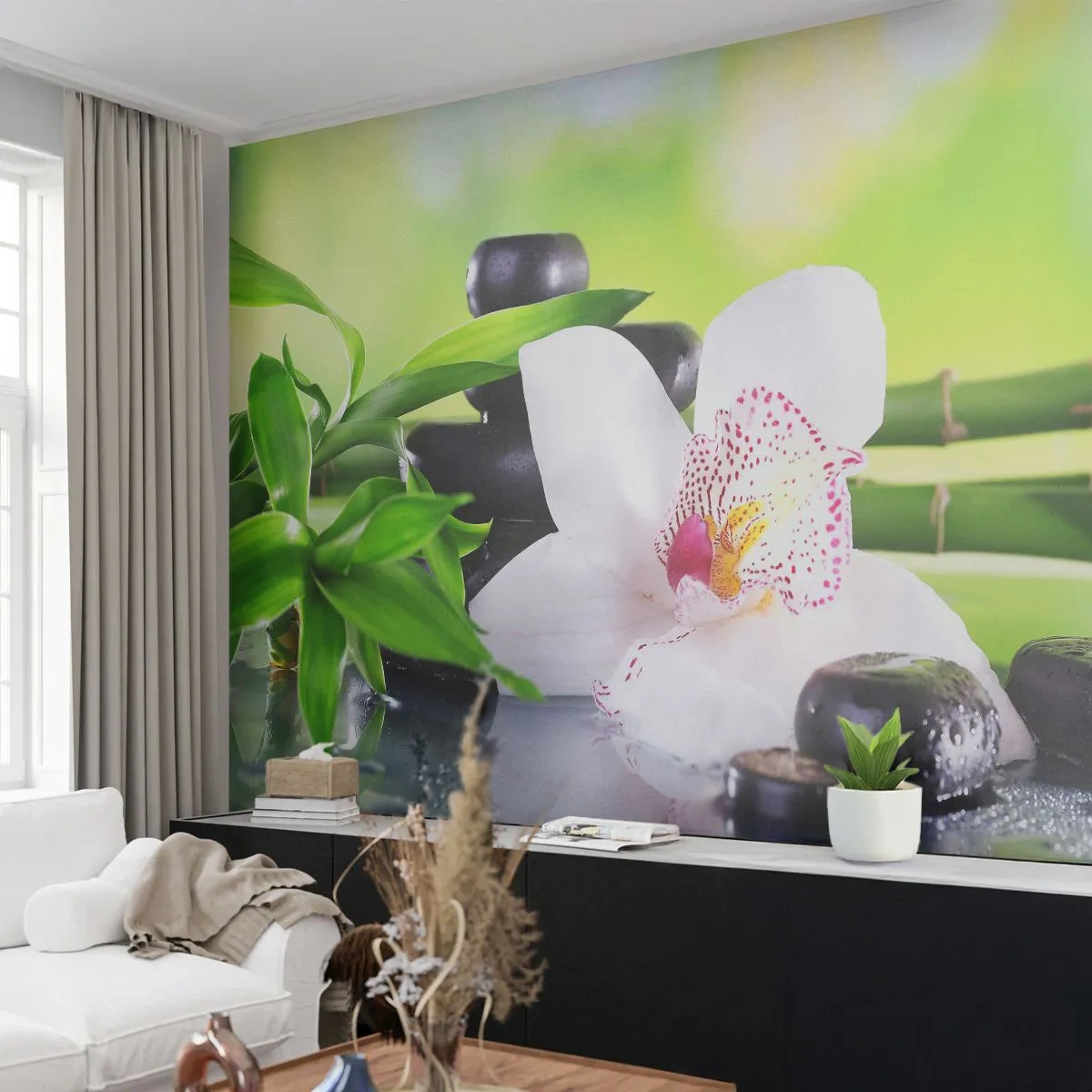 Photo Wallpaper Premium Canvas - Cool Freshness - Bamboo, Flower, Orchid - 100x70 cm