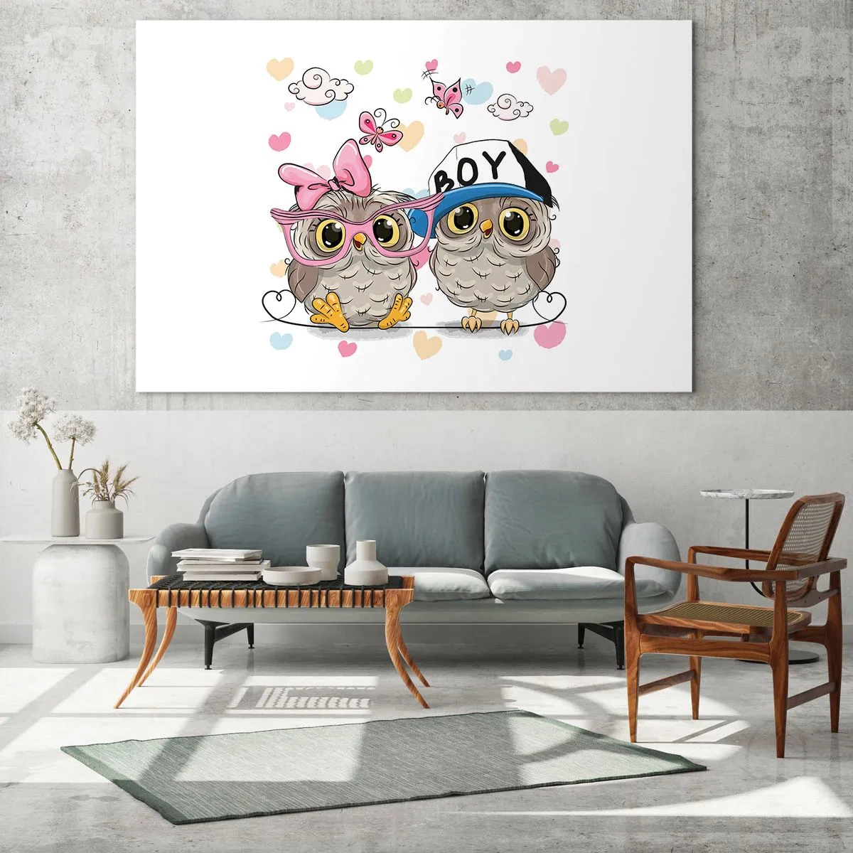 Glass picture - A pair of cheerful owls in a pastel composition - 70x50cm - Let's Keep in Love! - Modern wall decoration for the living room and bedroom ARTTOR