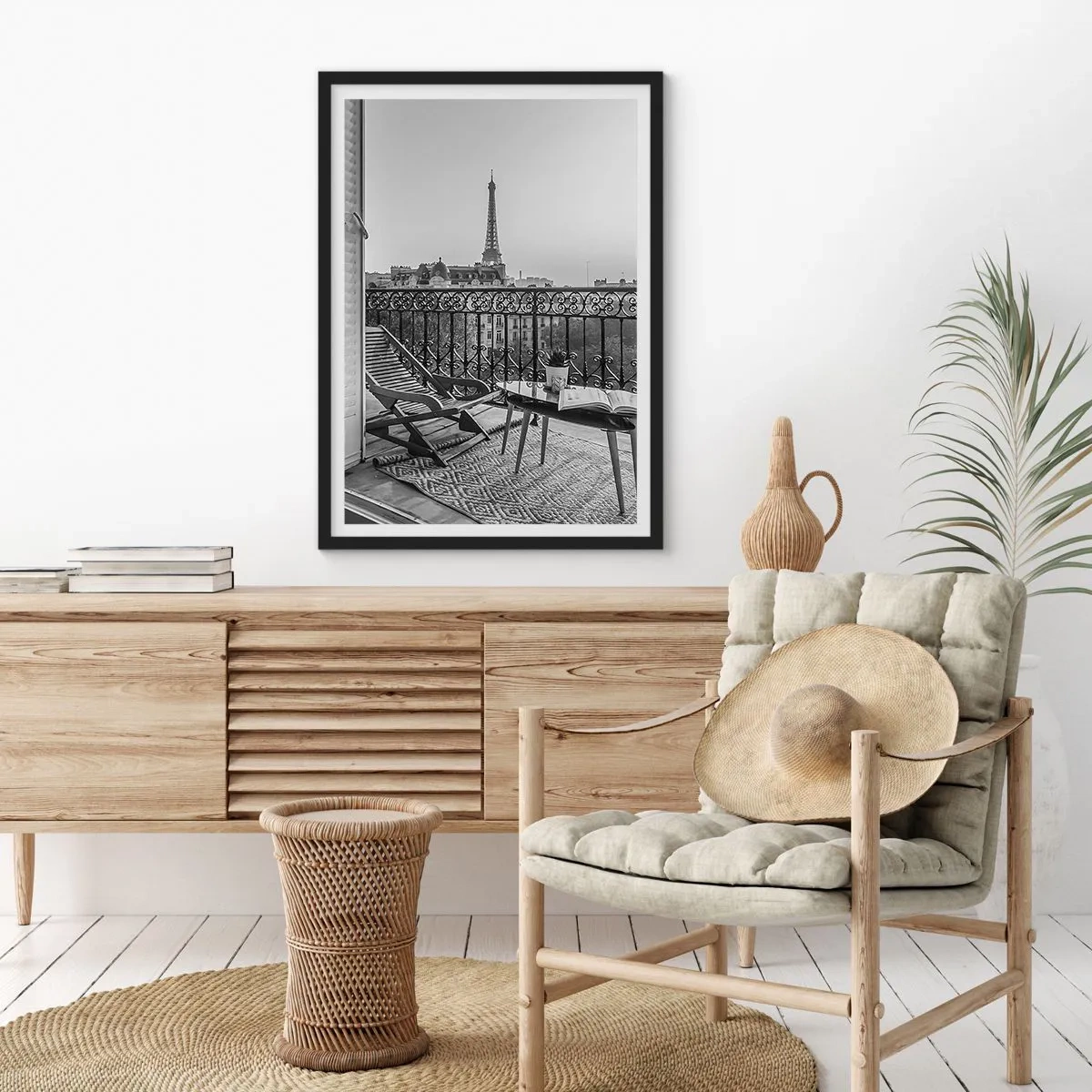 Poster in black frame - View of the Eiffel Tower from an elegant Parisian balcony - 50x70cm - Parisian Afternoon - Modern wall decoration for the living room and bedroom ARTTOR