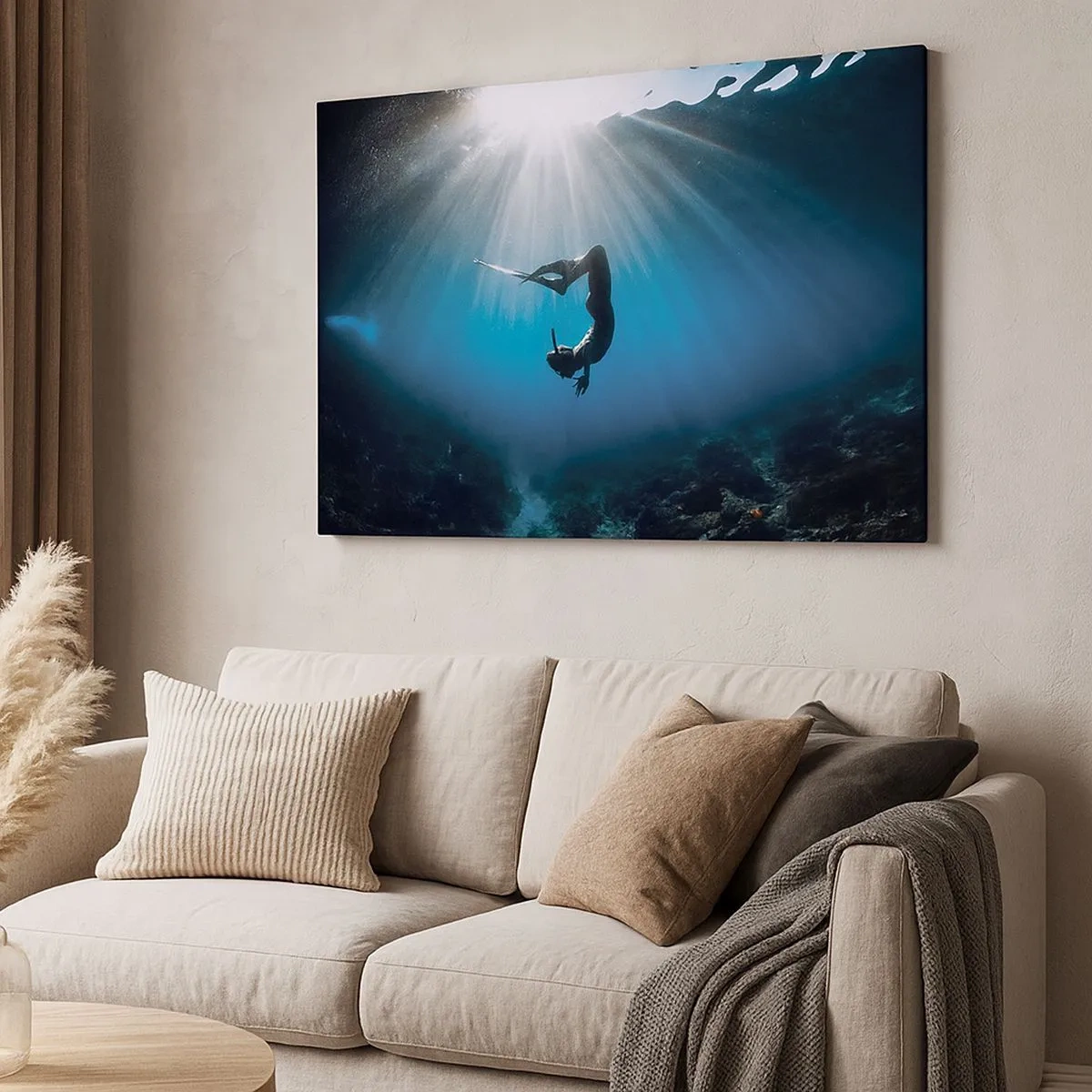 Canvas picture - A diver floating in a beam of light underwater - 70x50cm - Underwater dance - Modern wall decoration for the living room and bedroom ARTTOR