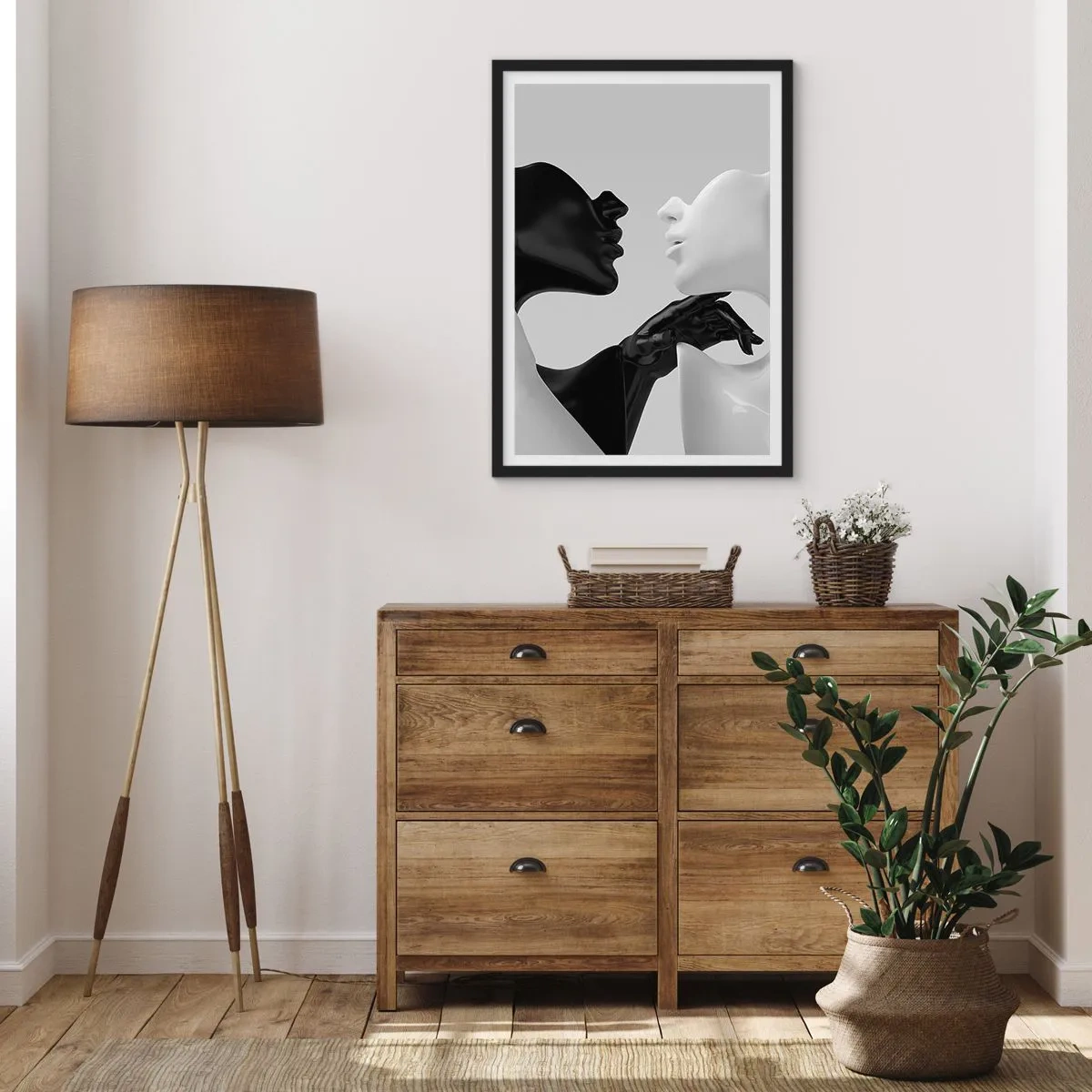 Poster in black frame - A black and white composition of two faces in close contact. - 50x70cm - Attraction - Desire - Modern wall decoration for the living room and bedroom ARTTOR
