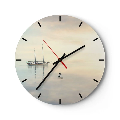 Wall clock - Clock on glass - A sailing yacht on a calm sea in the morning - 30x30cm - In the Sea of Silence - Modern wall decoration for the living room, kitchen, and bedroom ARTTOR
