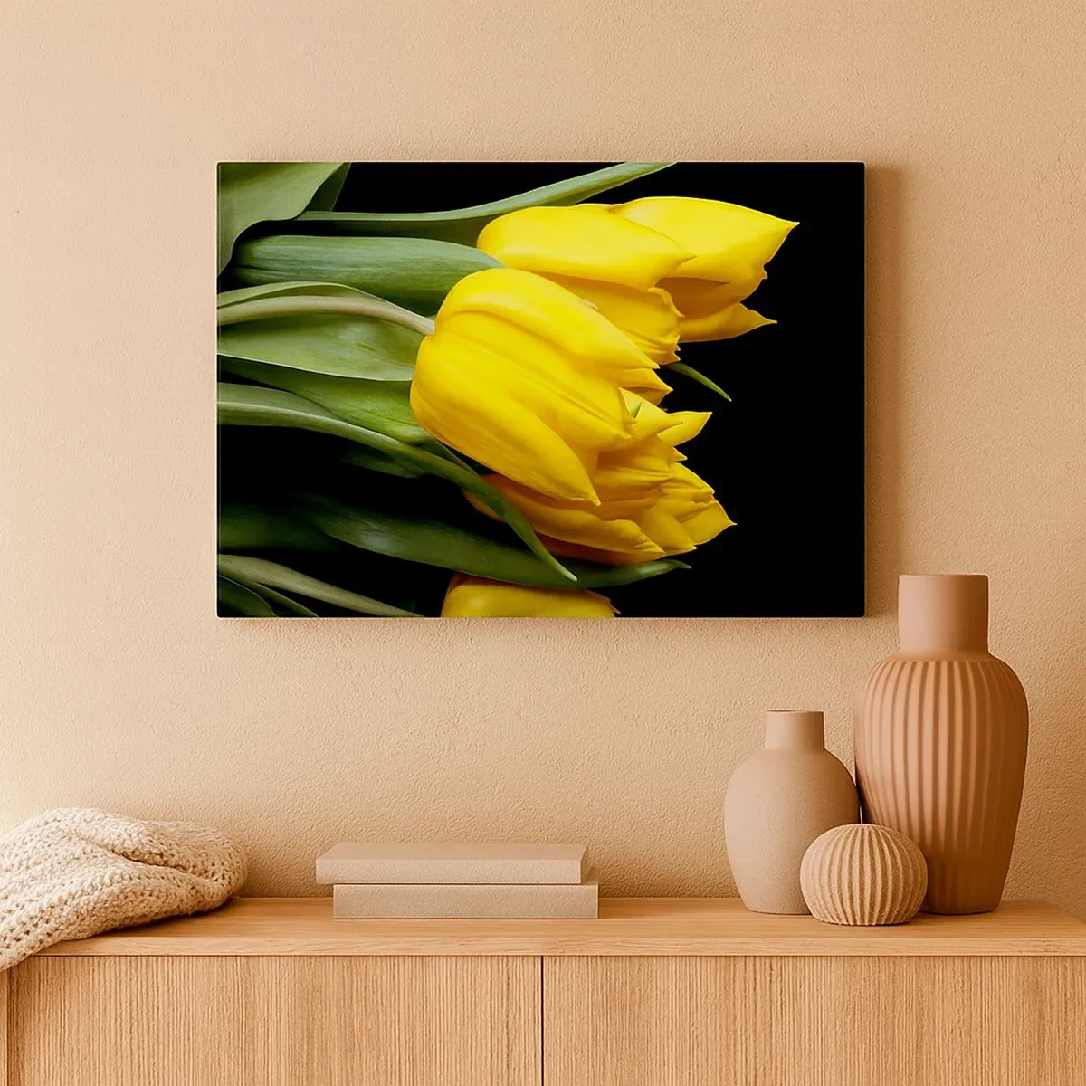Canvas picture - A bouquet of yellow tulips on a black background - 70x50cm - Born from the Sun - Modern wall decoration for the living room and bedroom ARTTOR