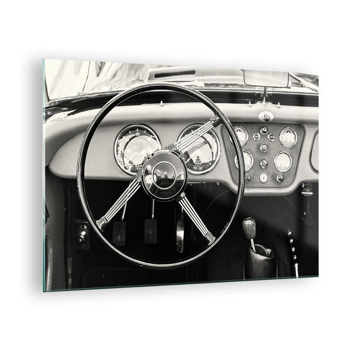 Glass picture - The steering wheel and clocks of a classic car in sepia - 70x50cm - Collector's Dream - Modern wall decoration for the living room and bedroom ARTTOR
