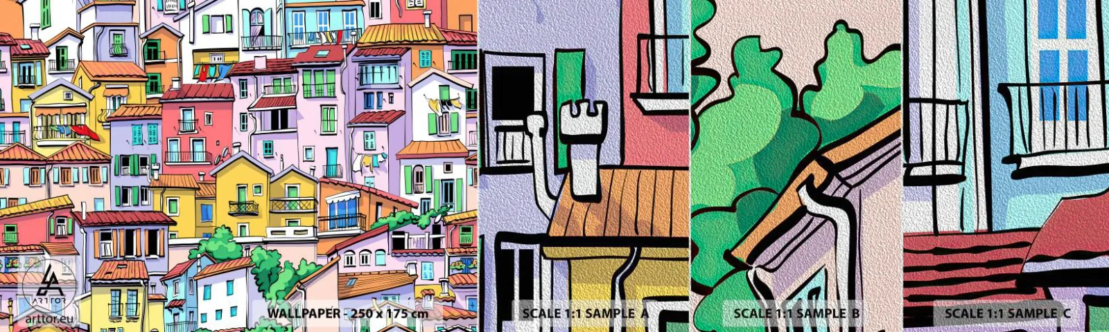 Photo Wallpaper Sample Premium Sand - Merry City - City, Tenement houses, Houses - 100x30 cm