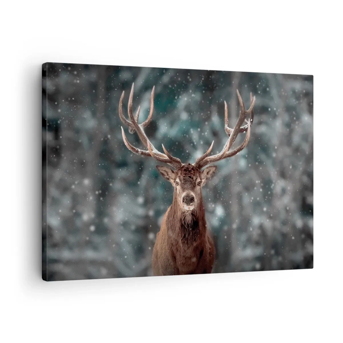 Canvas picture - Deer in a winter forest with falling snow - 70x50cm - King of Forest Crowned - Modern wall decoration for the living room and bedroom ARTTOR