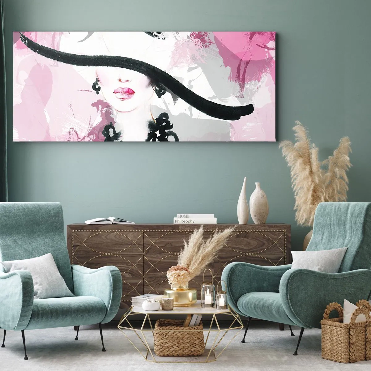Canvas picture - Portrait of a Lady in Black and Pink - 90x30 cm