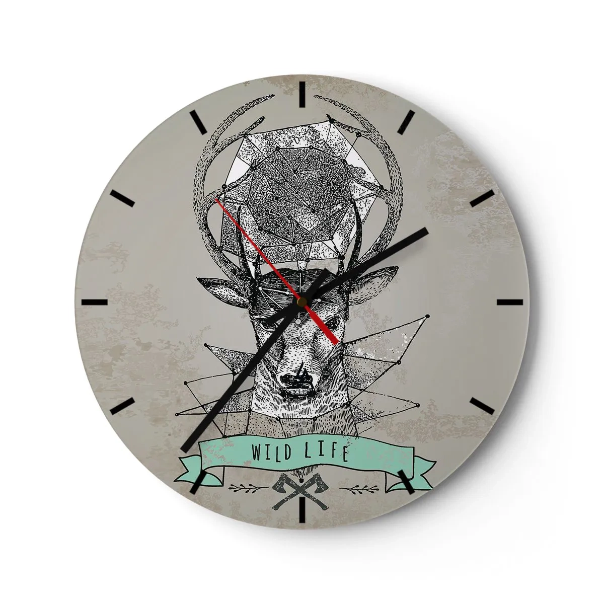 Wall clock - Clock on glass - Geometric deer with the inscription Wild Life on a gray background - 30x30cm - Vision of St Hubert - Modern wall decoration for the living room, kitchen, and bedroom ARTTOR