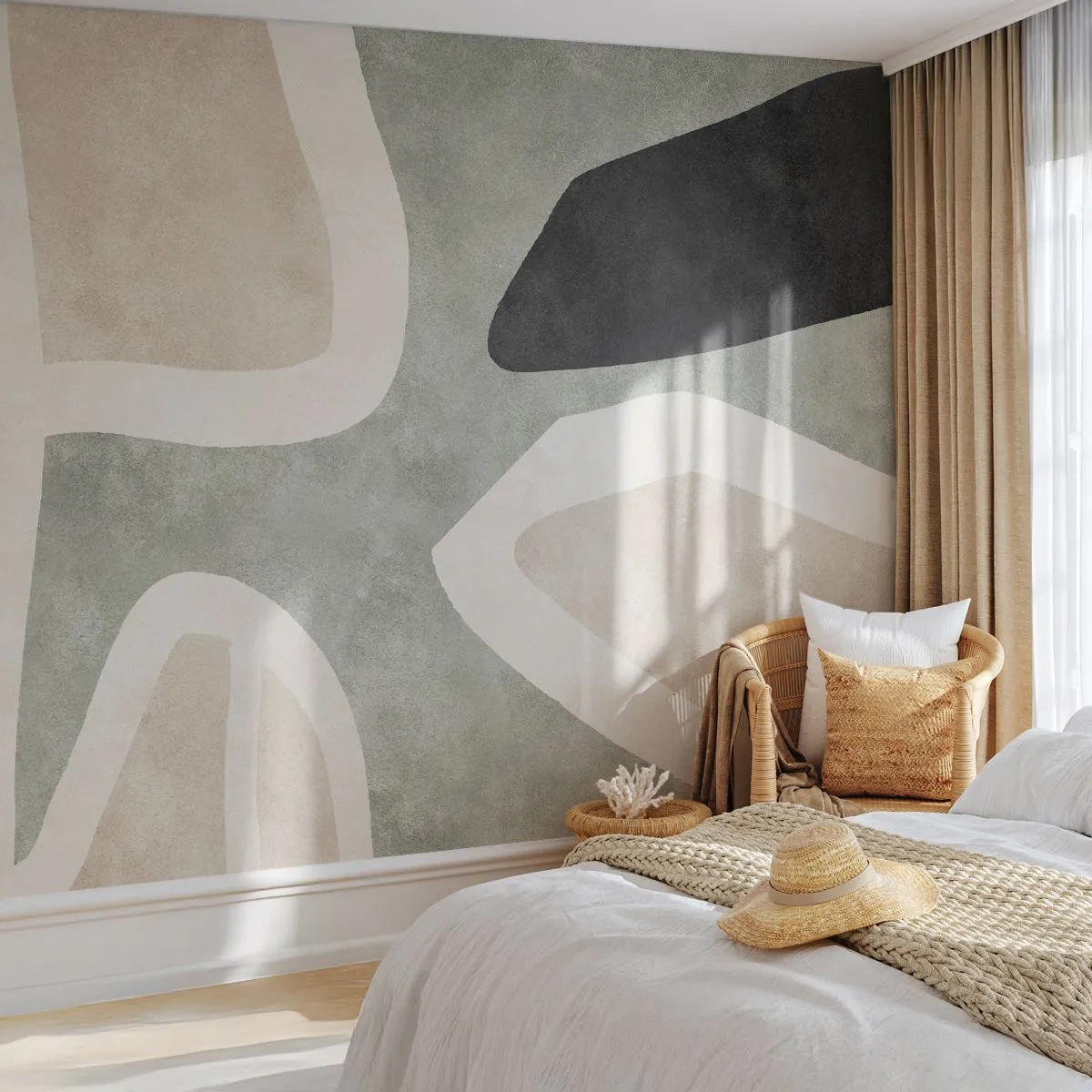 Custom Wallpaper Premium Sand - Composition with a Black Motif - Abstraction, Minimalism, Modern Art