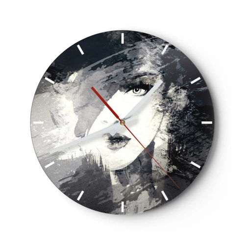 Wall clock - Clock on glass - Portrait of a woman in shades of gray with an intense gaze - 30x30cm - From Behind Grey Voile - Modern wall decoration for the living room, kitchen, and bedroom ARTTOR