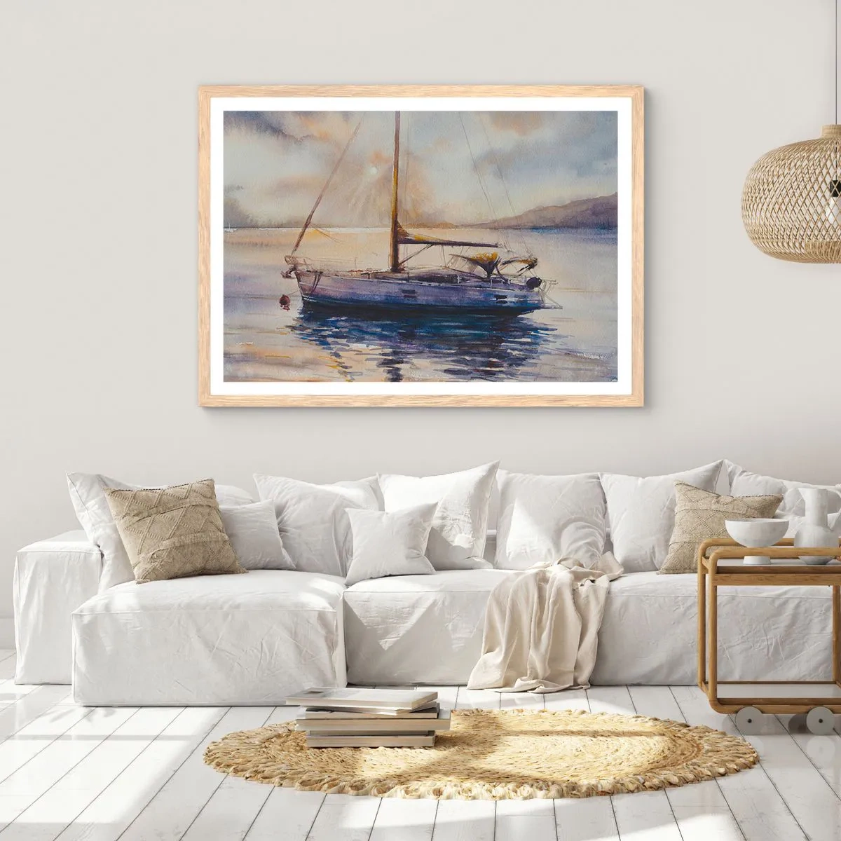 Poster in light oak frame - Evening in Harbour - 70x50 cm