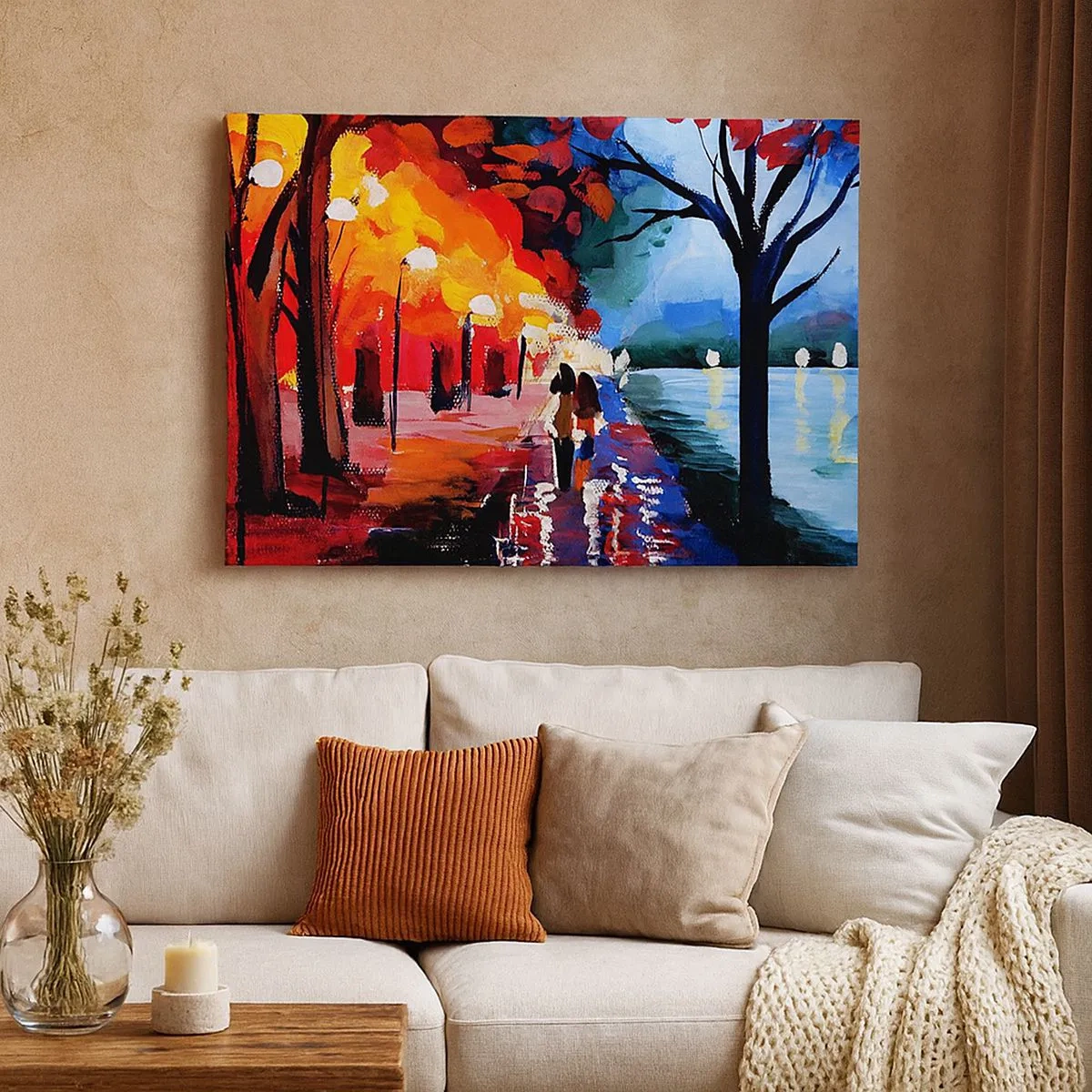 Canvas picture - An autumn walk along the path overlooking the water - 70x50cm - Flaming Autumn in the Park - Modern wall decoration for the living room and bedroom ARTTOR