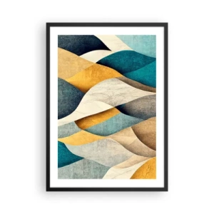 Poster in black frame - An abstract composition of wavy shapes in golden and blue colors. - 50x70cm - Rhythm and Undulation - Modern wall decoration for the living room and bedroom ARTTOR