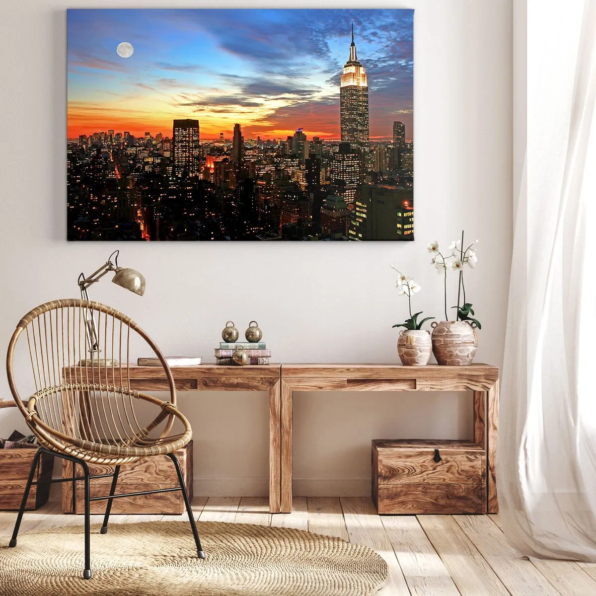 Canvas picture - City panorama with illuminated skyscrapers at dusk - 70x50cm - Starry American Night - Modern wall decoration for the living room and bedroom ARTTOR