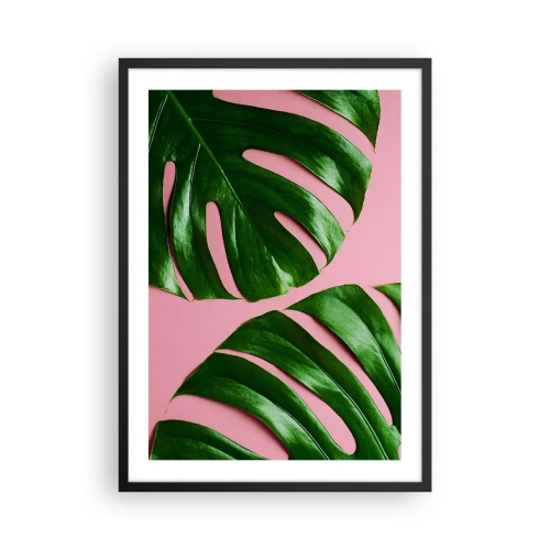Poster in black frame - Monstera leaves on a pink background in a minimalist style - 50x70cm - Green Rendezvous - Modern wall decoration for the living room and bedroom ARTTOR