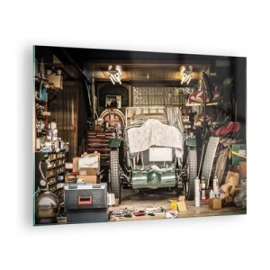 Glass picture - Vintage garage with a car covered by a cloth, surrounded by tools and boxes - 70x50cm - Back to the Past - Modern wall decoration for the living room and bedroom ARTTOR