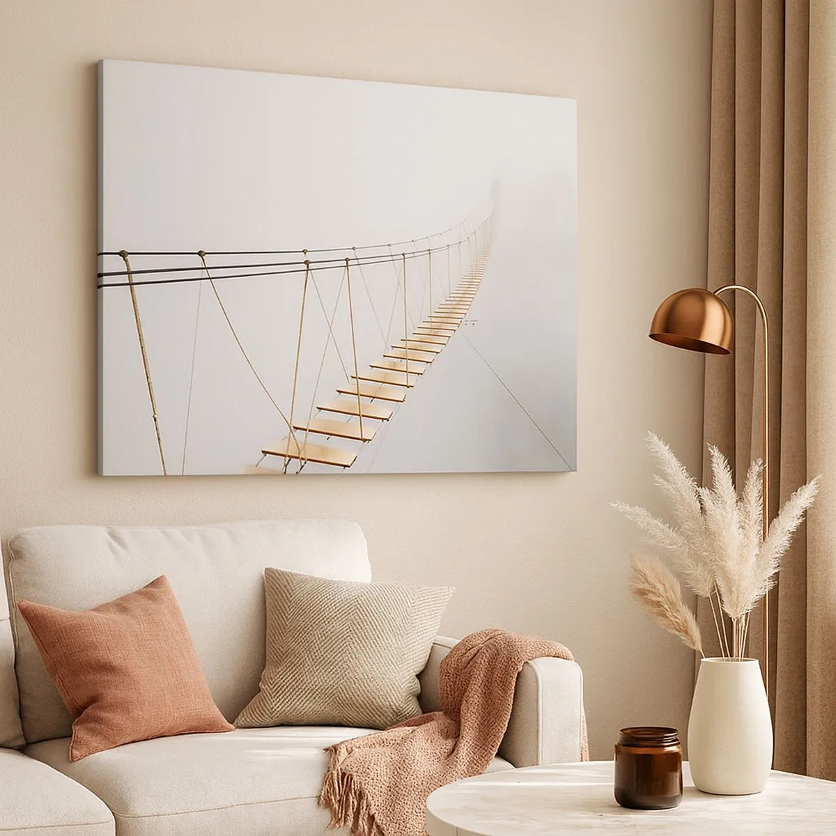 Canvas picture - A suspension bridge in the fog from a minimalist perspective - 70x50cm - Where Did He Take You? - Modern wall decoration for the living room and bedroom ARTTOR