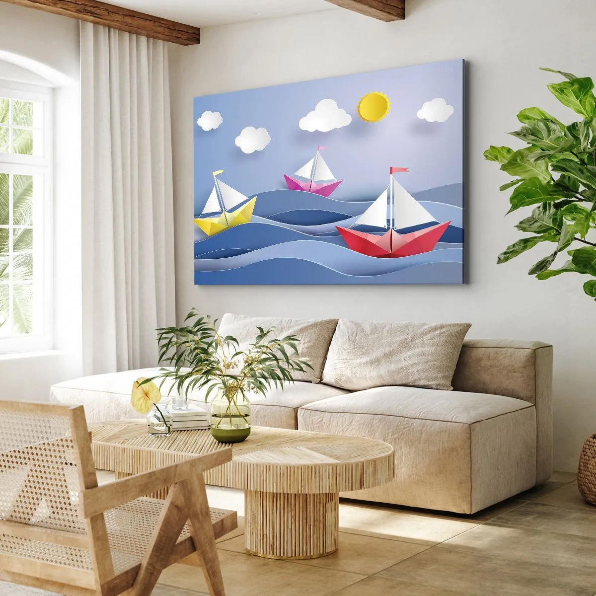 Canvas picture - Colorful sailboats on the waves on a sunny day - 70x50cm - Rocking the Waves - Modern wall decoration for the living room and bedroom ARTTOR
