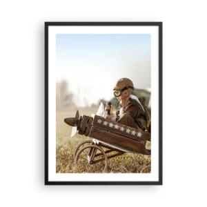 Poster in black frame - A child in a wooden airplane with stars in the background - 50x70cm - Take off for a Dream - Modern wall decoration for the living room and bedroom ARTTOR